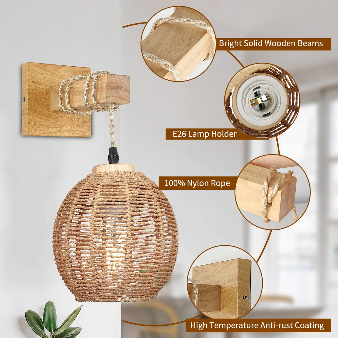 Retro Wooden Frame Rattan Wall Lamp Bedroom Living Room Wall Light E26 Bedside Lamps Woven Lights Interior Decoration Fixtures