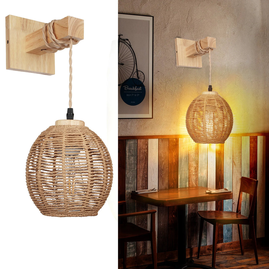 Retro Wooden Frame Rattan Wall Lamp Bedroom Living Room Wall Light E26 Bedside Lamps Woven Lights Interior Decoration Fixtures