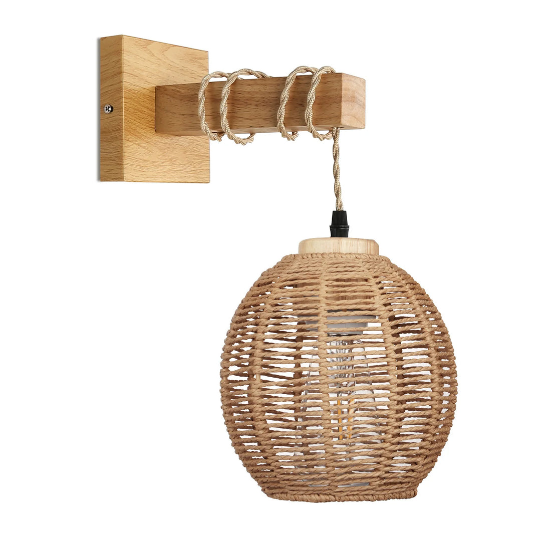 Retro Wooden Frame Rattan Wall Lamp Bedroom Living Room Wall Light E26 Bedside Lamps Woven Lights Interior Decoration Fixtures